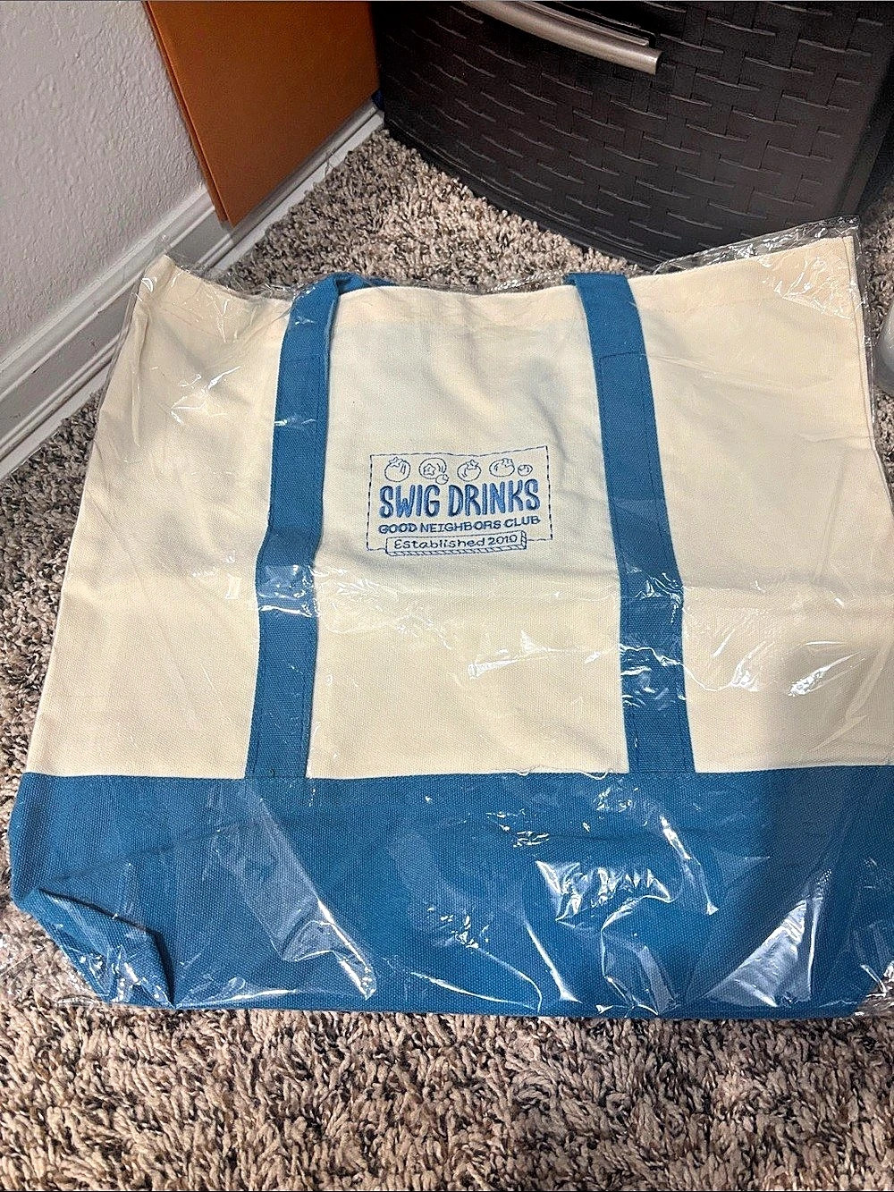 Swig Drinks Good Neighbors Club Canvas Tote Bag Blue & Cream